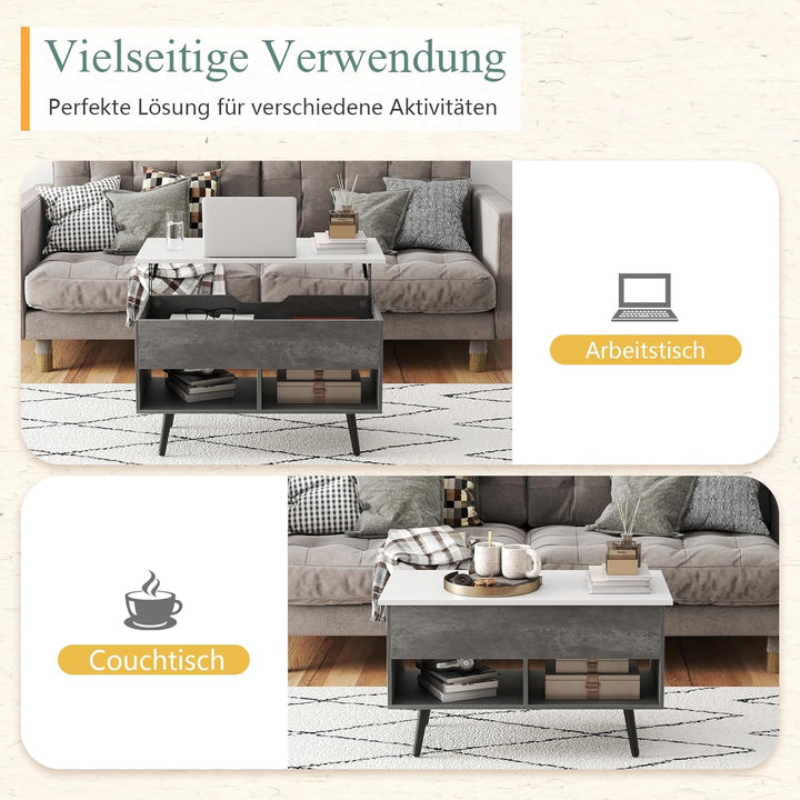 COSTWAY Couchtisch höhenverstellbar, Sofatisch mit anhebbarer Tischplatte & 2 offenen Regalen, auszi