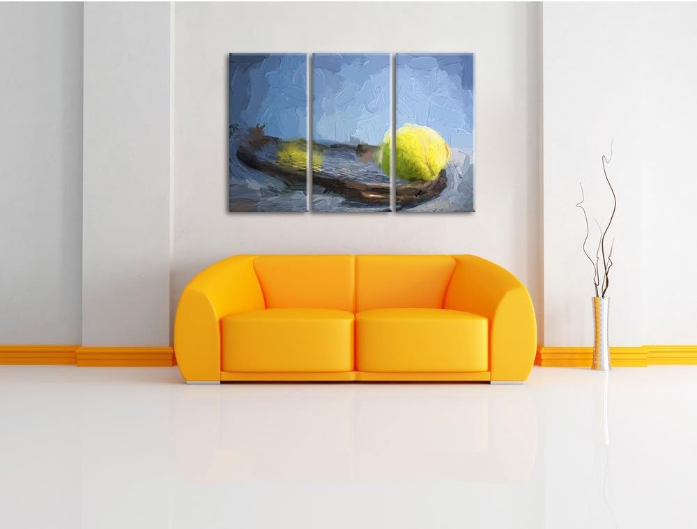 Pixxprint Tennischläger mit Bällen als Leinwandbild/Grösse: 3 Teilig (120x80) cm/Wandbild/Kunstdruck