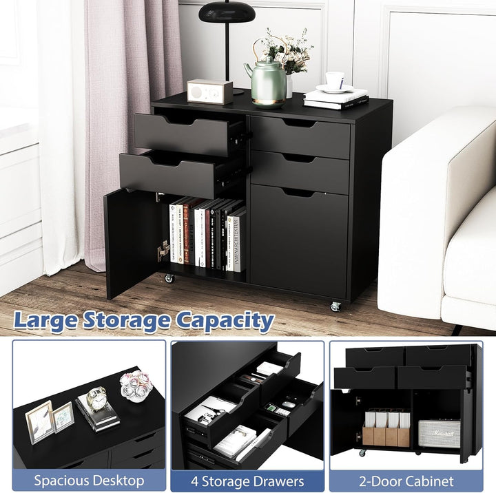 KOMFOTTEU Aktenschrank mit 5 Rollen, Rollcontainer mit 4 Schubladen & 2 Schränken mit Türen, Bürocon