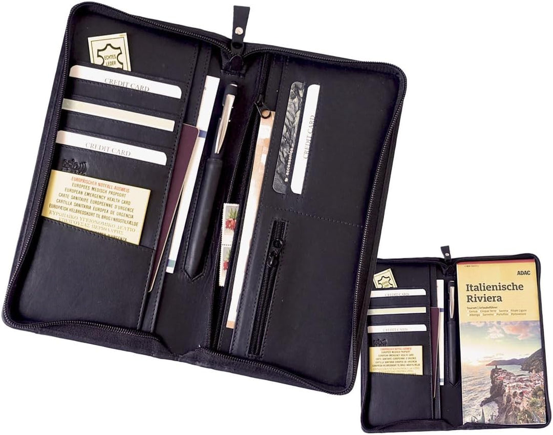 stilvoller Reise-Organizer Leder, Reisepass-Tasche Leder schwarz Reise-Passhülle, Reisemappe, Dokume