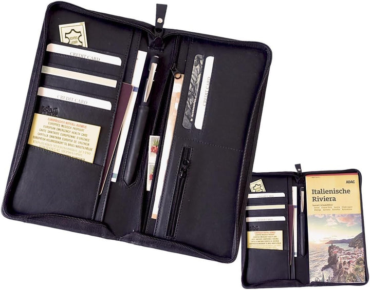 stilvoller Reise-Organizer Leder, Reisepass-Tasche Leder schwarz Reise-Passhülle, Reisemappe, Dokume
