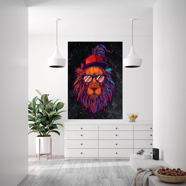 wandmotiv24 Poster als Wanddeko, Grösse Din A0, Funky Löwe, Marmor, bunt, Cap, Mütze, Brille, Nerd,
