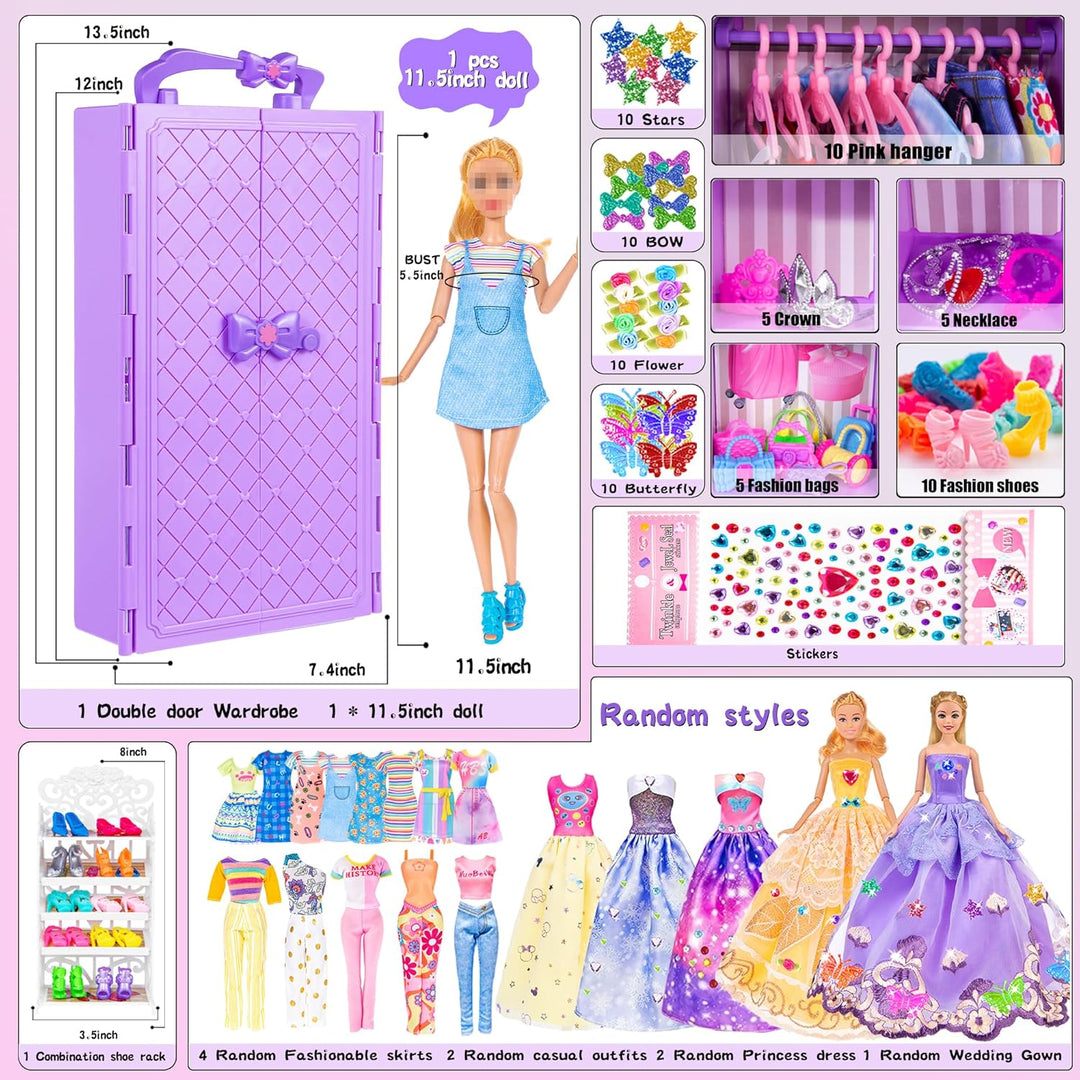 91pcs 11.5 Zoll Mädchen Puppe mit Kleidung Zubehör und Schrank, Prinzessin Mode Kleider, Outfits ,Ba