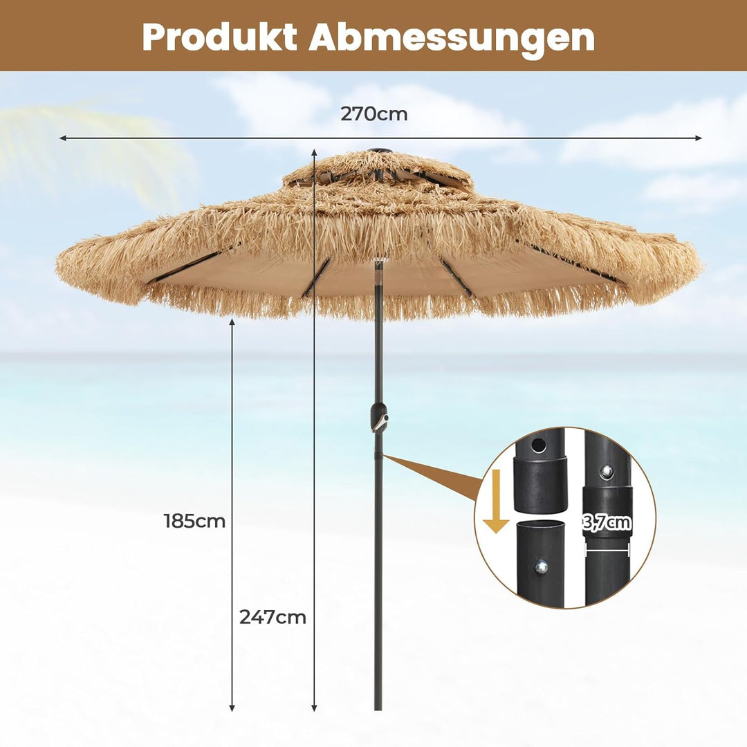 GOPLUS Sonnenschirm Hawaii, Ø 270 cm Strohschirm um 30° knickbar, Strandschirm mit LED-Solar-Beleuch