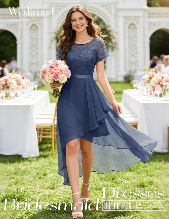 Wedtrend Abendkleid Damen Elegant Cocktailkleid High Low Ballkleider mit Spitzen A Linie für Hochzei