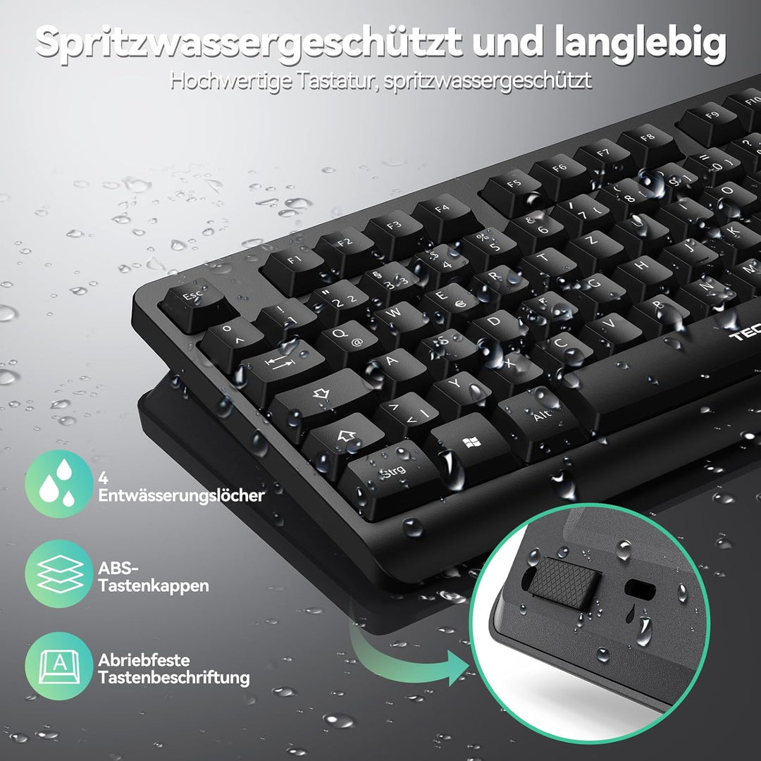 TECKNET Tastatur Maus Set Kabellos, QWERTZ Layout Funktastatur mit Maus, Vollformat, Spritzwasserges