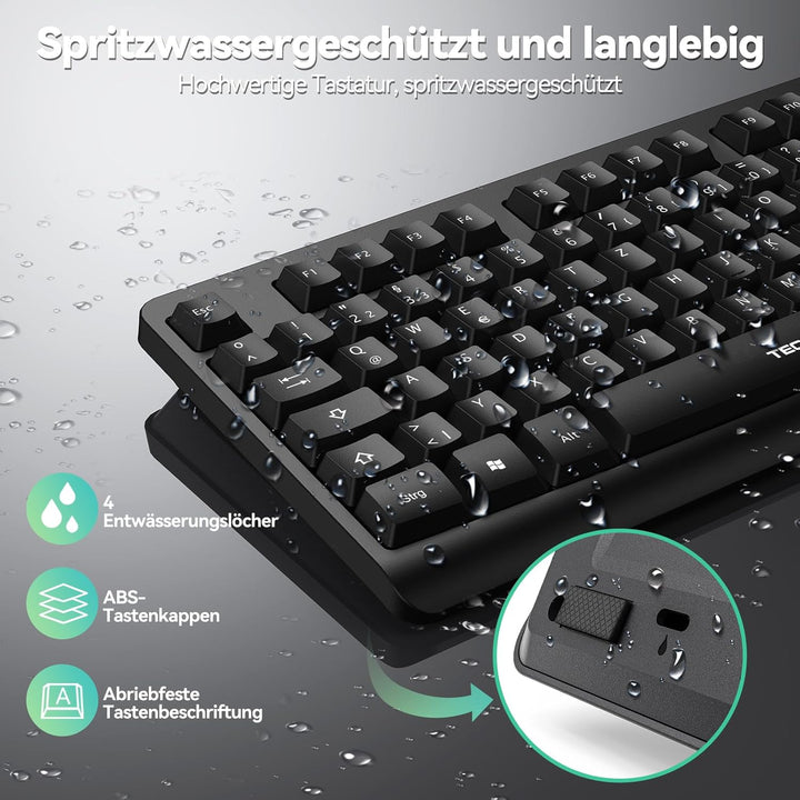 TECKNET Tastatur Maus Set Kabellos, QWERTZ Layout Funktastatur mit Maus, Vollformat, Spritzwasserges