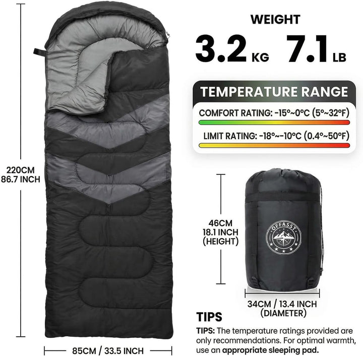 Schlafsack Winter -15°C bis 0°C (950GSM / 3.2kg), Winterschlafsack Outdoor für Erwachsene &amp; Kinder -