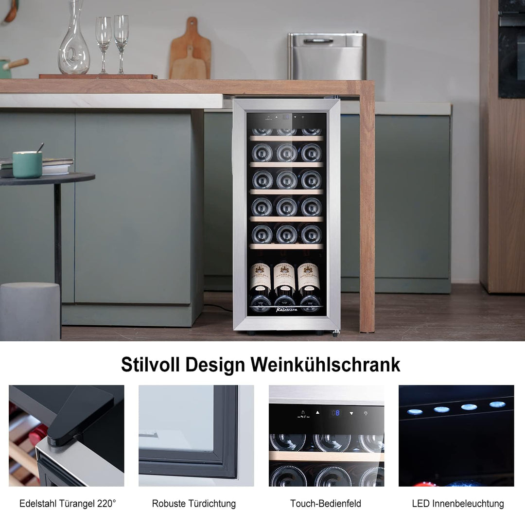Kalamera Weinkühlschrank, 18 Flaschen 51 Liter Weinkühlschrank klein mit Kompressor, 5-18°C Kühlzone