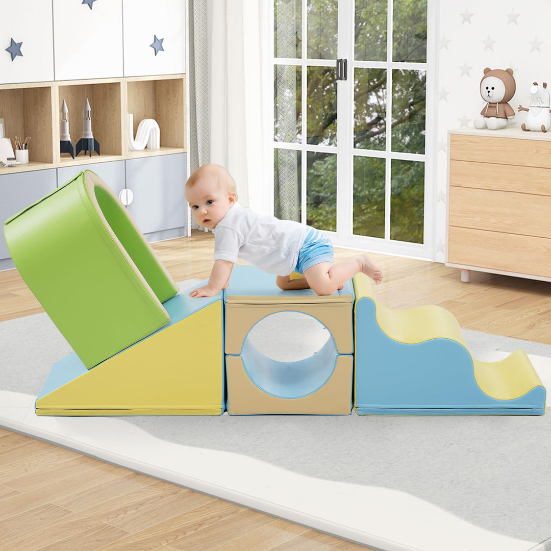 Schaumstoffbausteine 6-in-1 mit Krabbelbogen und Wellenrutsche – Indoor Klettergerüst & Motorikspiel