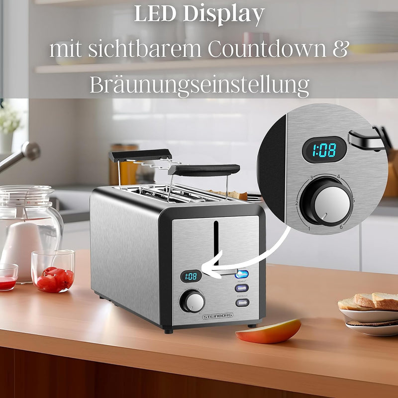 Toaster Langschlitz | 4 Scheiben Toastautomat | XXL | 1500 Watt | 6-Stufen Bräuneregler | Brötchenau