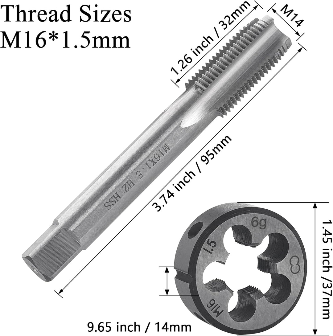 Gewindeschneid M16 x 1.5mm, HSS Gewindebohrer und Schneideisen Set, Rechtsgewinde Feingewinde Schnei