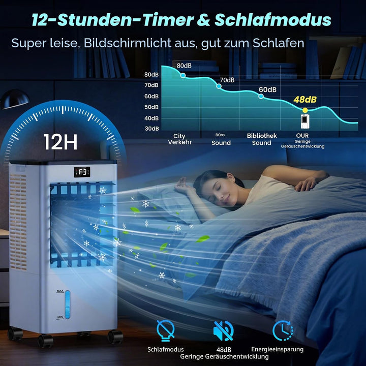 Klimaanlage Mobile, 3 in 1 Klimagerät Tragbarer Luftkühler Luftbefeuchter Verdunstungs Lüfter mit 8L