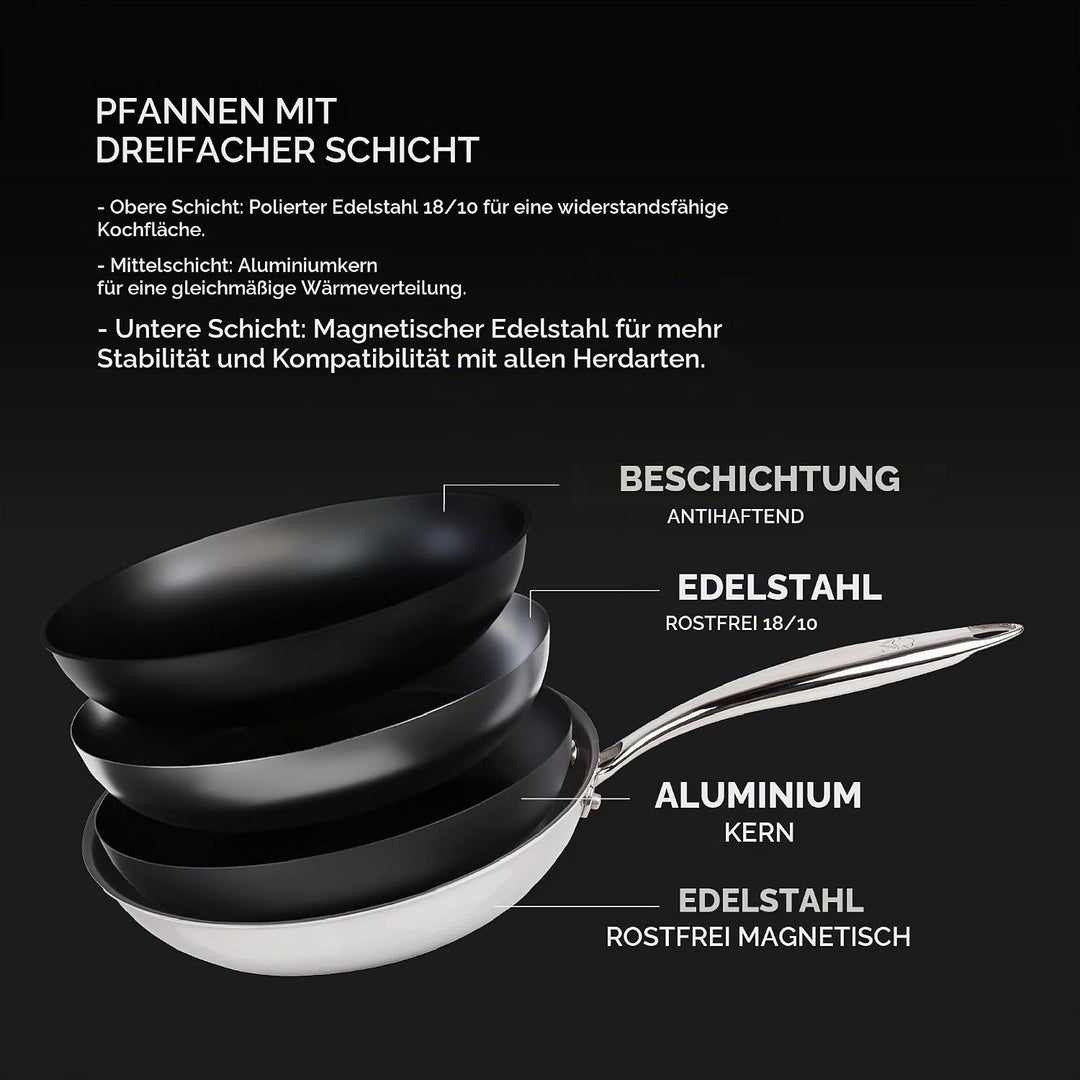 MasterPRO Argent 3 - Pfannen- und Messerset - Drei Hochleistungs-Edelstahlpfannen 28, 24 und 20 cm -