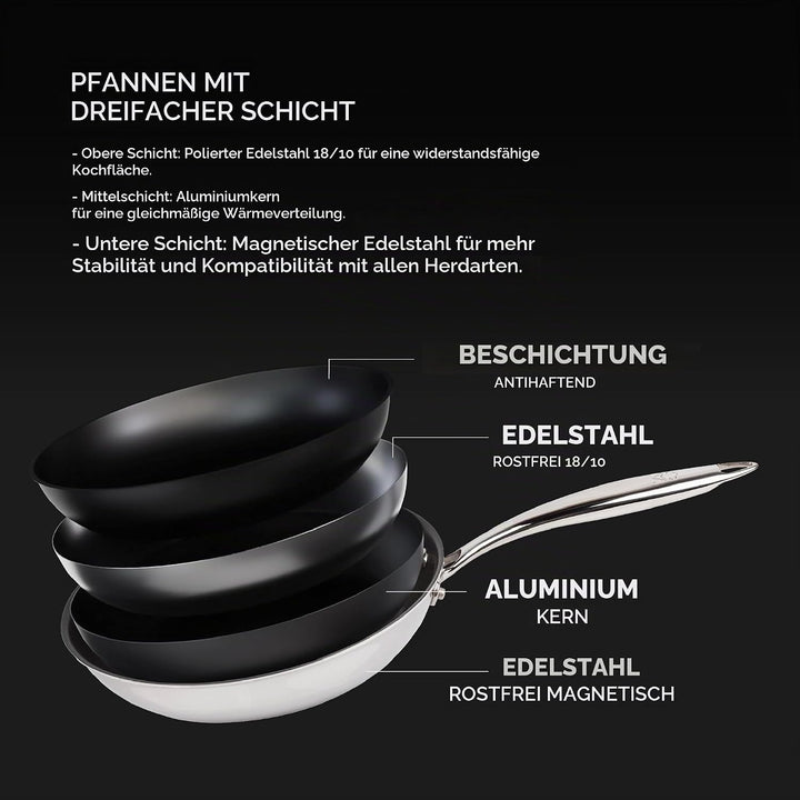 MasterPRO Argent 3 - Pfannen- und Messerset - Drei Hochleistungs-Edelstahlpfannen 28, 24 und 20 cm -