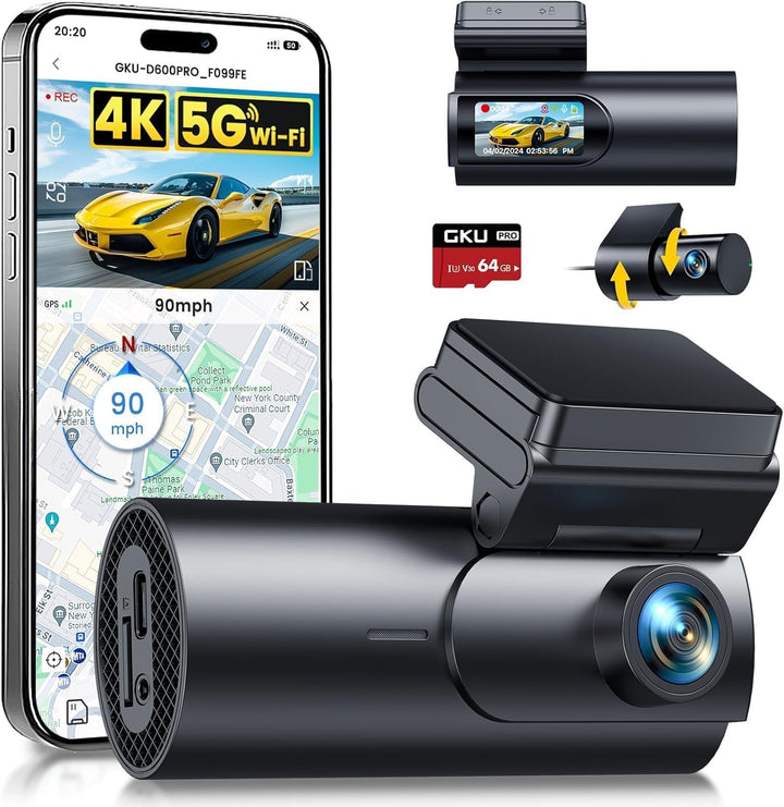 GKU 4K Dashcam Auto Vorne Hinten, 5GHz WiFi GPS, Dual Dash Cam, 1.5” IPS Mini Auto Kamera mit 64GB S