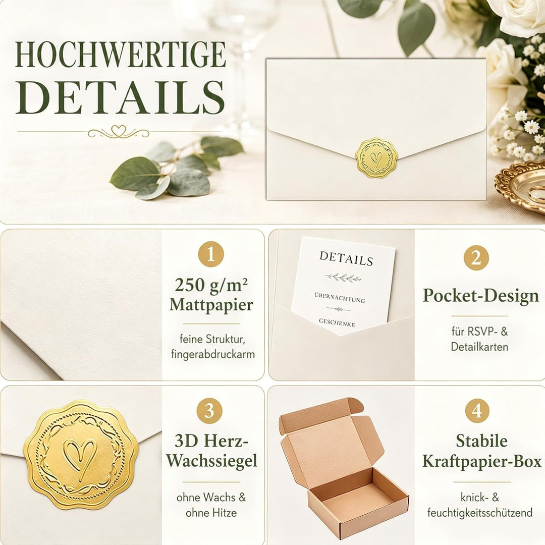 Pocketfold Einladungskarten Blanko Elfenbein, 30 Stück | Dreifachfalz-Design, 36 Goldfolien-Sticker