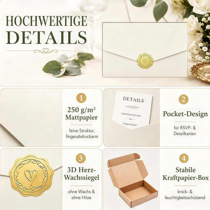 Pocketfold Einladungskarten Blanko Elfenbein, 30 Stück | Dreifachfalz-Design, 36 Goldfolien-Sticker