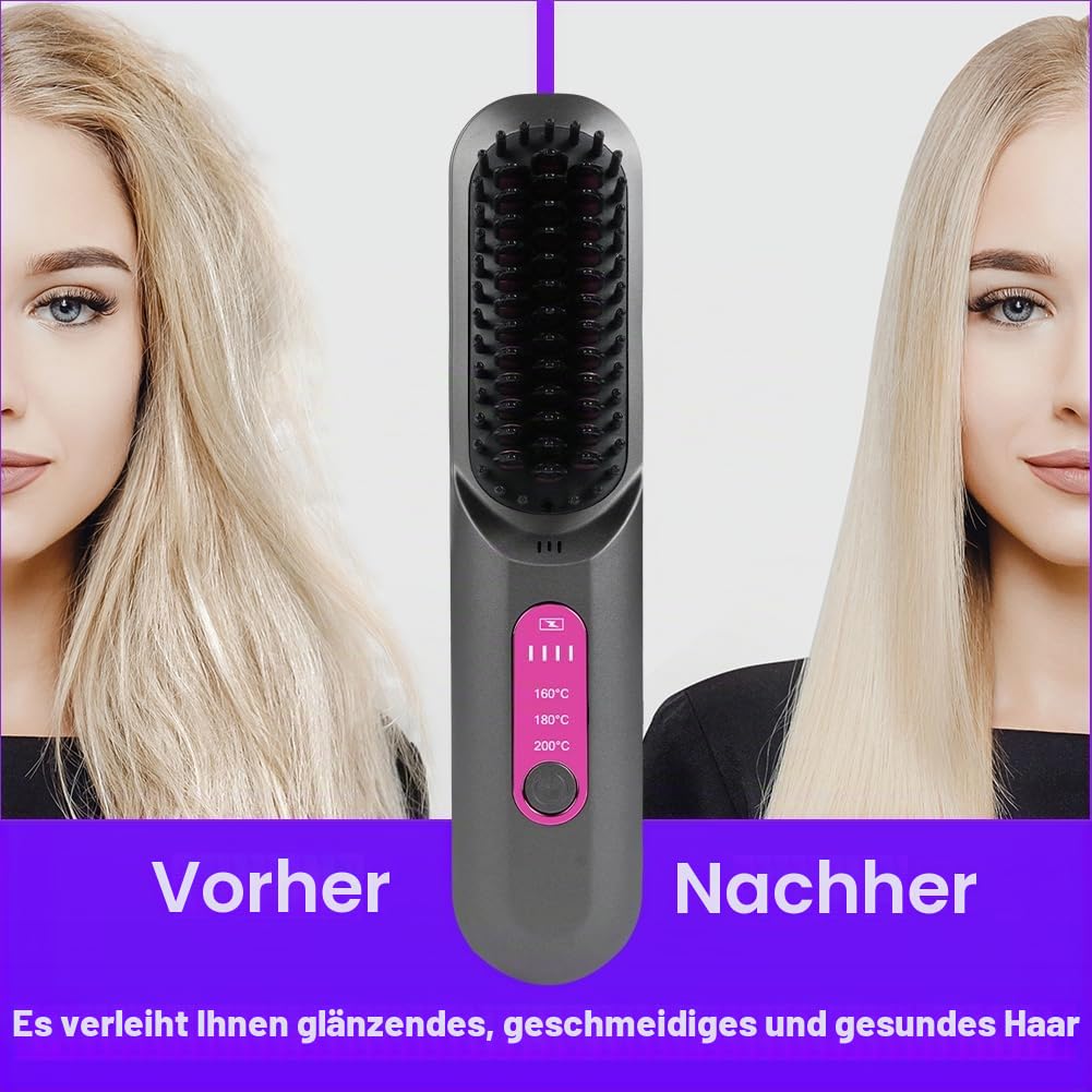 LOPHE Mini Haarglätterbürste, Glättbürste Kabellos, Hair Straightener Comb mit LCD-Bildschirm 3-Stuf