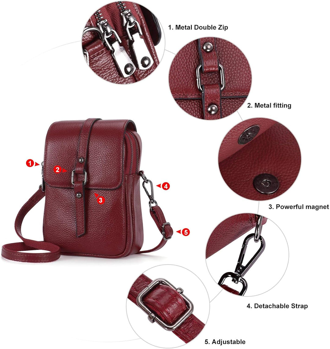 HAWEE Mode Damen Handytasche mit Riemen Echtes Leder Crossbody Handy Umhängetasche Leicht Damen Schu