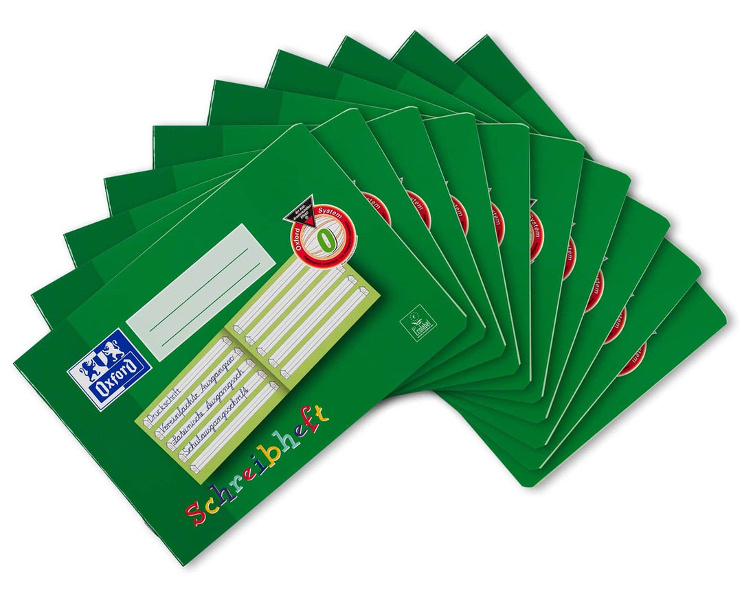 Oxford Schreibheft, A5 quer, Lin. 0 (1. Klasse), 16 Blatt, grün, 10 Stück Lineatur 0 Single, Lineatu