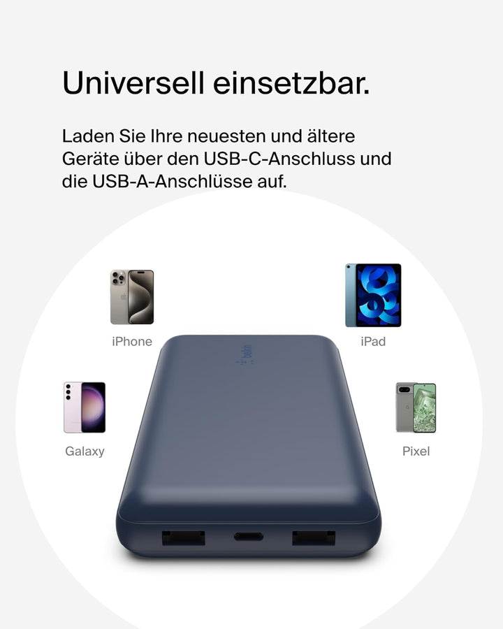 Belkin tragbares USB-C-Ladegerät, 20.000 mAh, 20K Powerbank mit USB-C-Ein-/Ausgang und 2 USB-A-Ansch