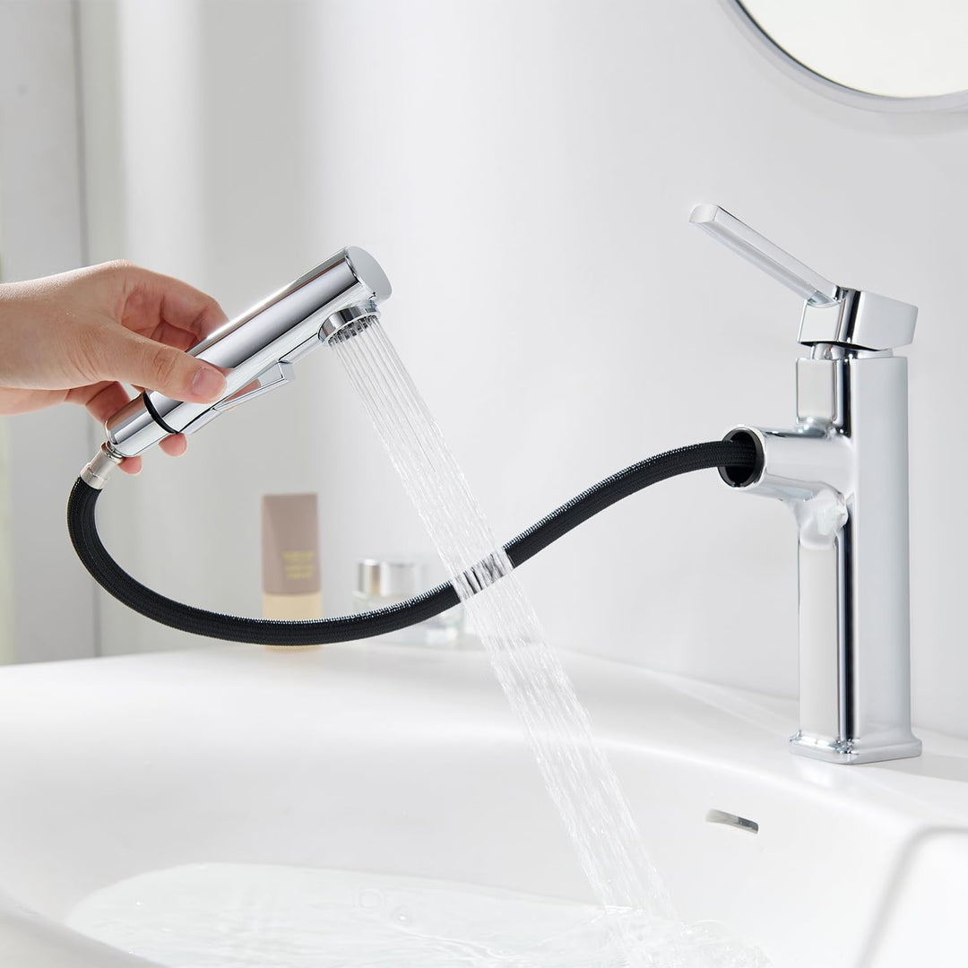 Wasserhahn Bad mit Ausziehbar Brause, Armatur Badezimmer Chrom, Waschtischarmatur mit 2 Strahlarten,