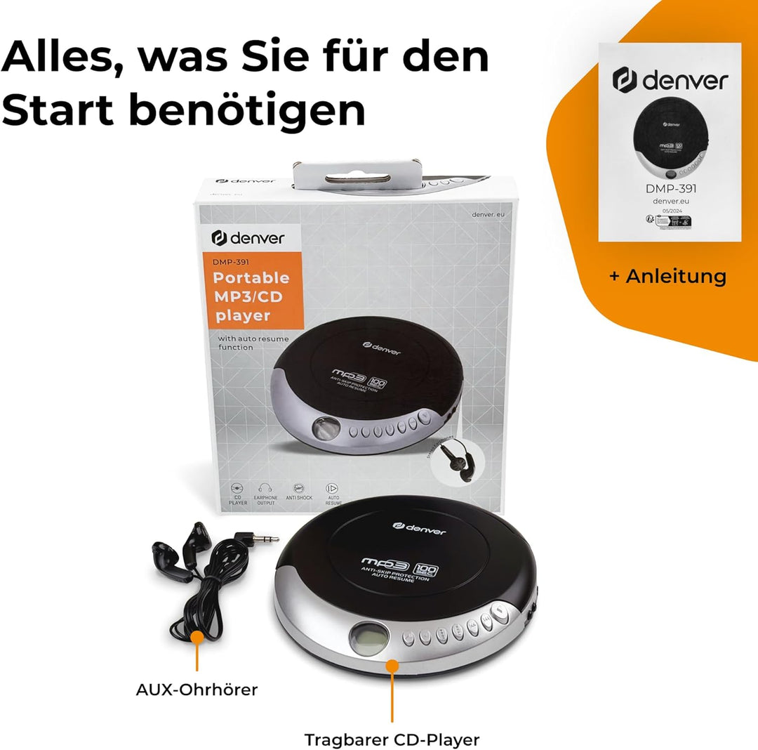 Denver Tragbarer CD-Player DMP-391. Walkman kompatibel mit CDs, CD-R und CD-RW CD-RW. Anti-Schock-Fu