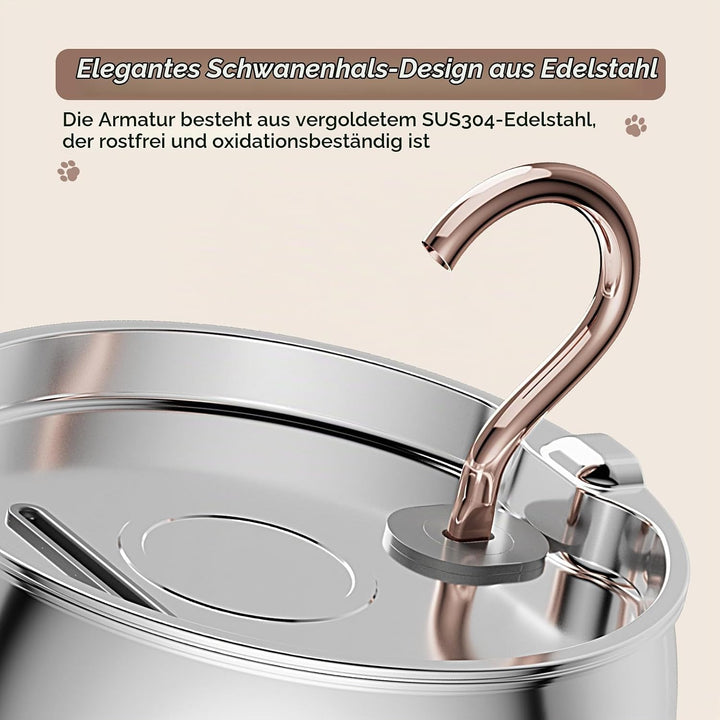 Katzenbrunnen Edelstahl, 2,5L/84oz Gänsehals Trinkbrunnen für Katze, Wasserbrunnen für Katzen mit 1