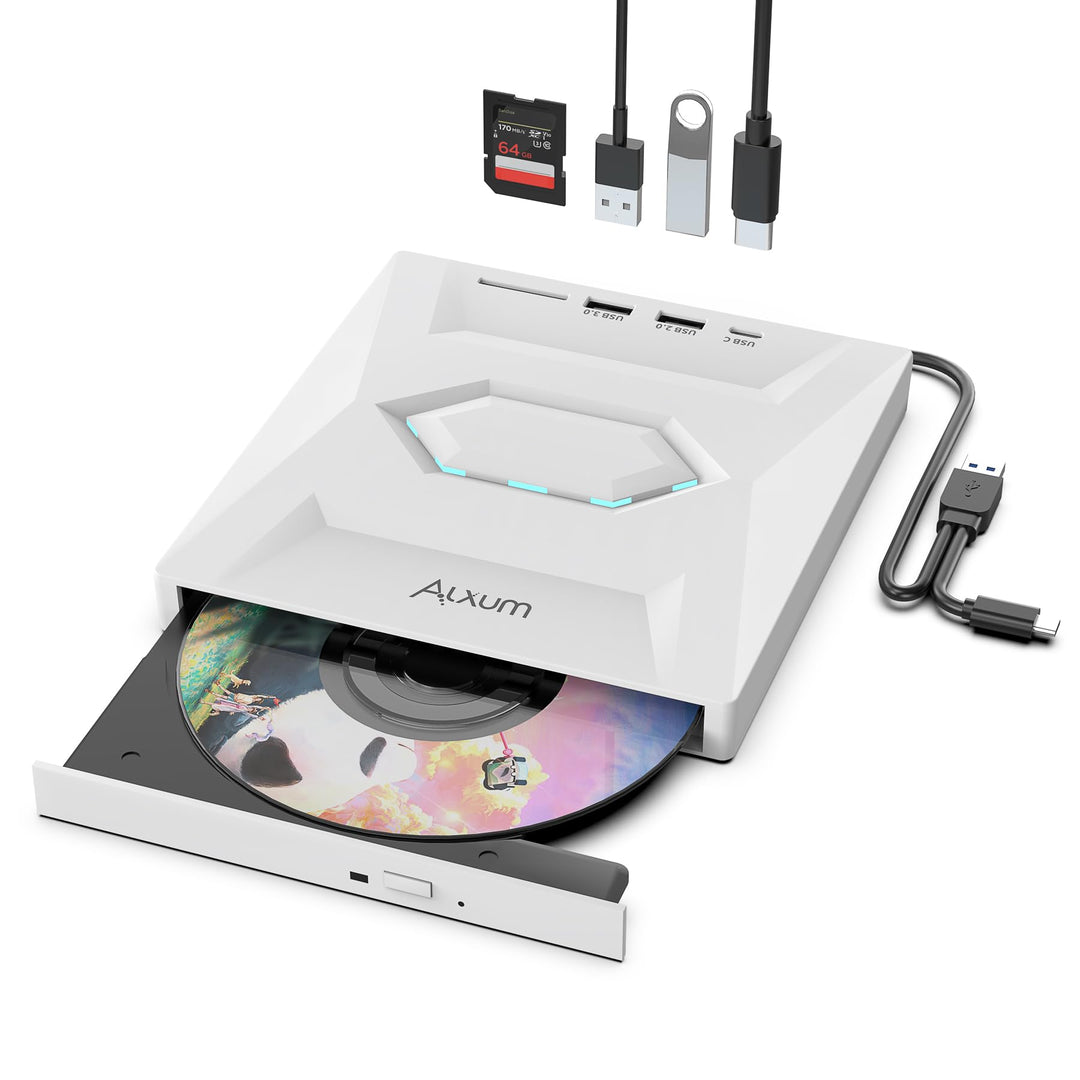 Alxum Externes DVD Laufwerk - USB 3.0 Type C CD Laufwerk extern USB mit SD/TF Kartenleser und USB An