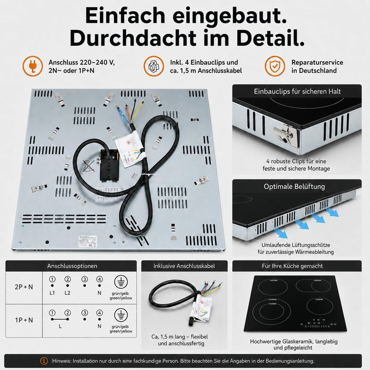 K&H® 4 Zonen Glaskeramikkochfeld 59cm Elektro Autark Eingebaut NC-7206
