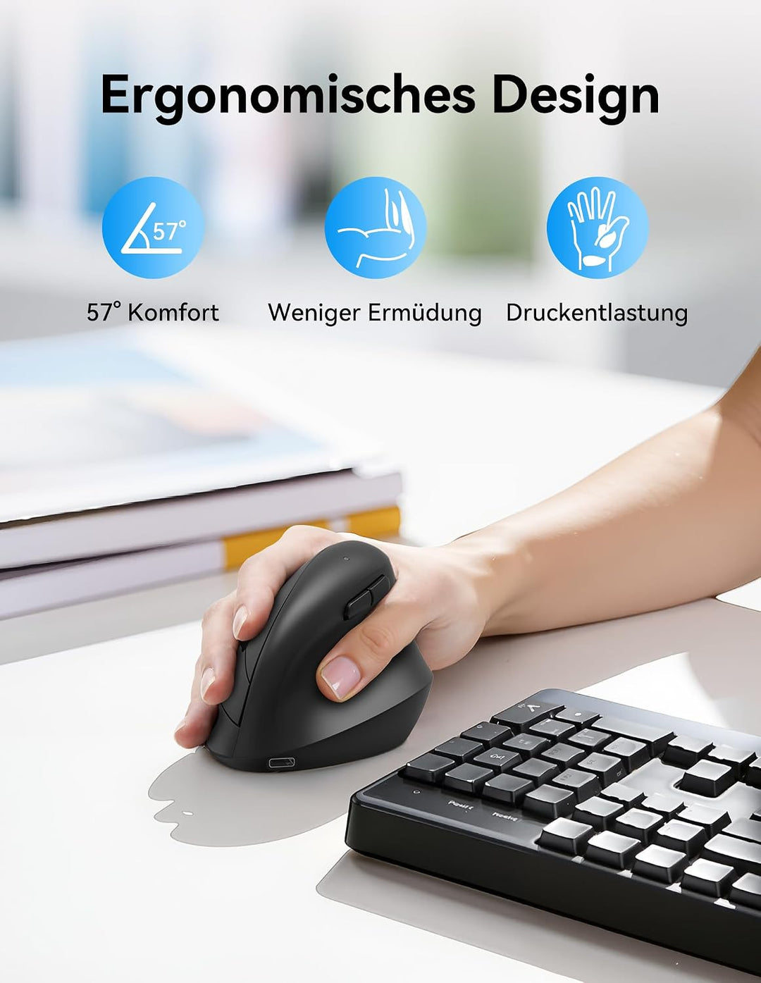 TECKNET Vertikale Ergonomische Maus Wiederaufladbare | 6 Einstellstufen bis zu 4800 DPI, 2.4G + BT (