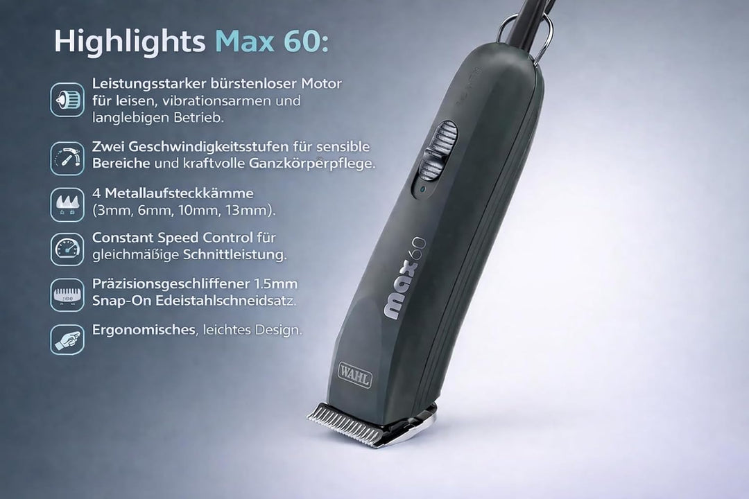 Max 60 Profi Hunde Schermaschine, Tierschermaschine mit bürstenlosem Motor, 2 Geschwindigkeiten, 1,5