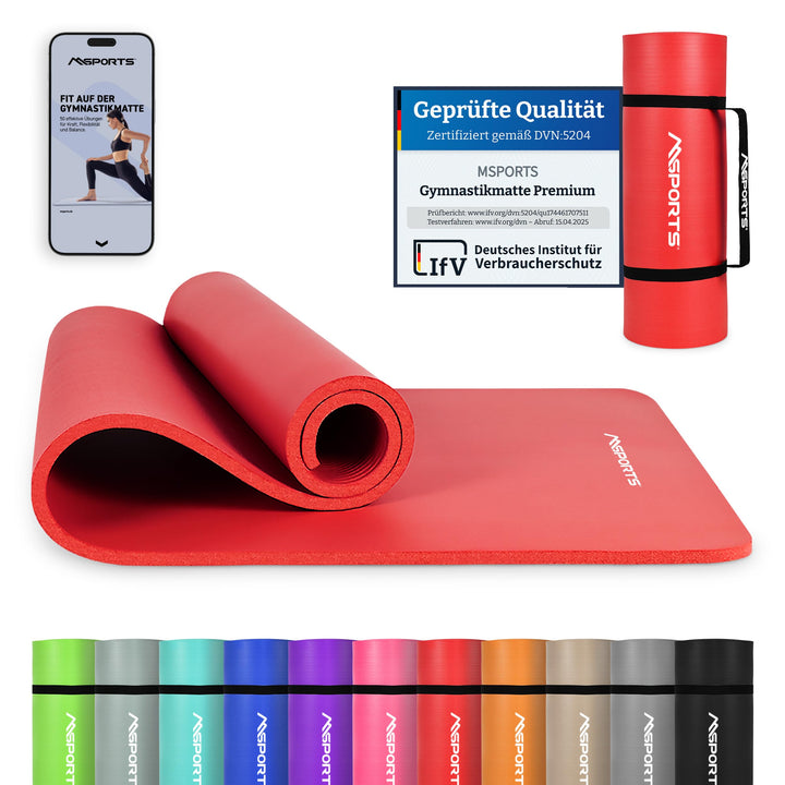 MSPORTS Gymnastikmatte Premium inkl. Tragegurt + Übungsposter + Workout App I Hautfreundliche Fitnes