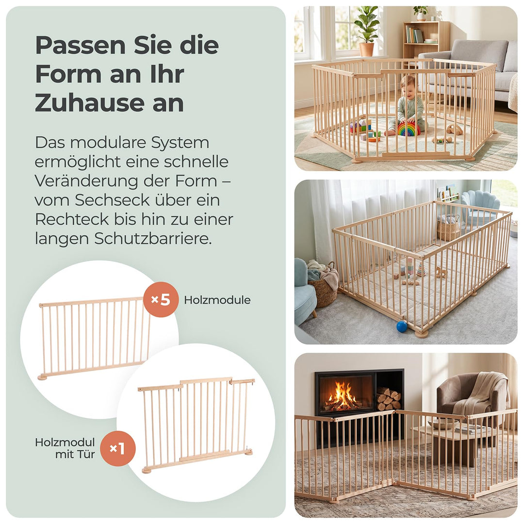 Spec-wood Baby Laufgitter klappbar ink. Tür XXL 92x74 cm aus Buchenholz - Laufstall Baby Holz mit Si