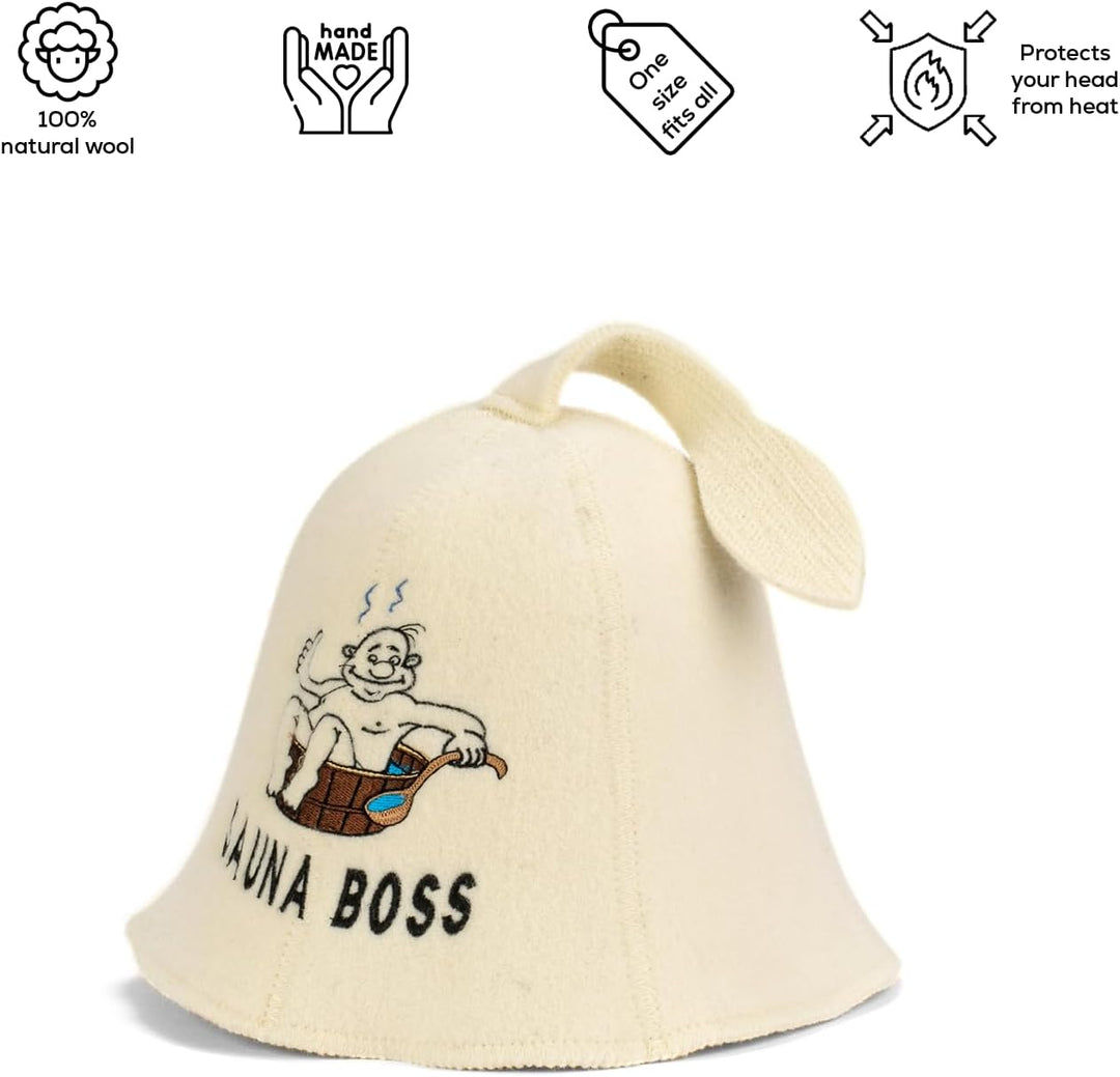 BOSS HAT - 100% Bio Wollfilz Cap Banya Haarschutz bestickt russisches Accessoire Raumaccessoire Gesc