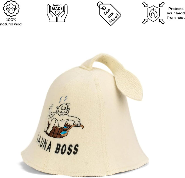 BOSS HAT - 100% Bio Wollfilz Cap Banya Haarschutz bestickt russisches Accessoire Raumaccessoire Gesc