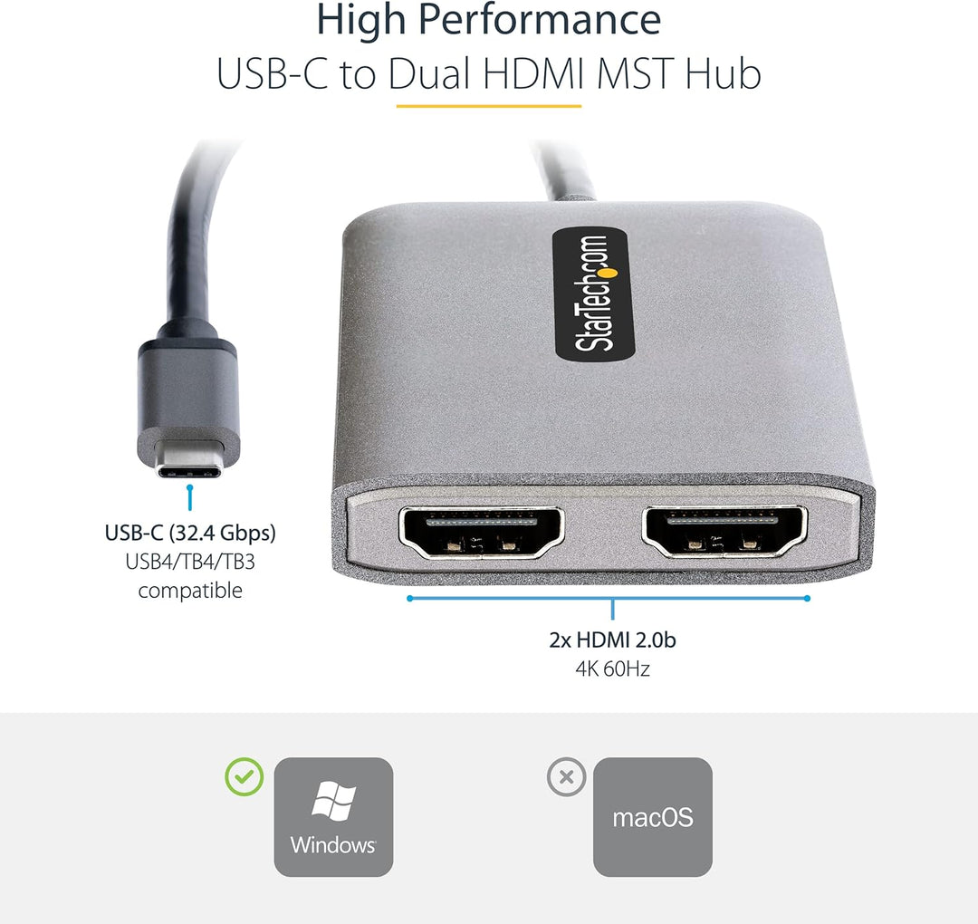 StarTech.com USB-C auf Dual HDMI Adapter, USB Typ-C Multi-Monitor MST Hub, Dual 4K 60Hz HDMI Laptop