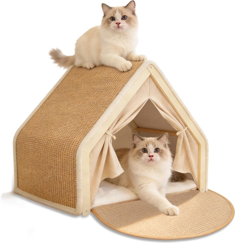 Katzenhaus mit Sisal Kratzbrett, 2-in-1 Holz Katzenzelt, Indoor Katzenhöhle für 2 Katzen, Atmungsakt