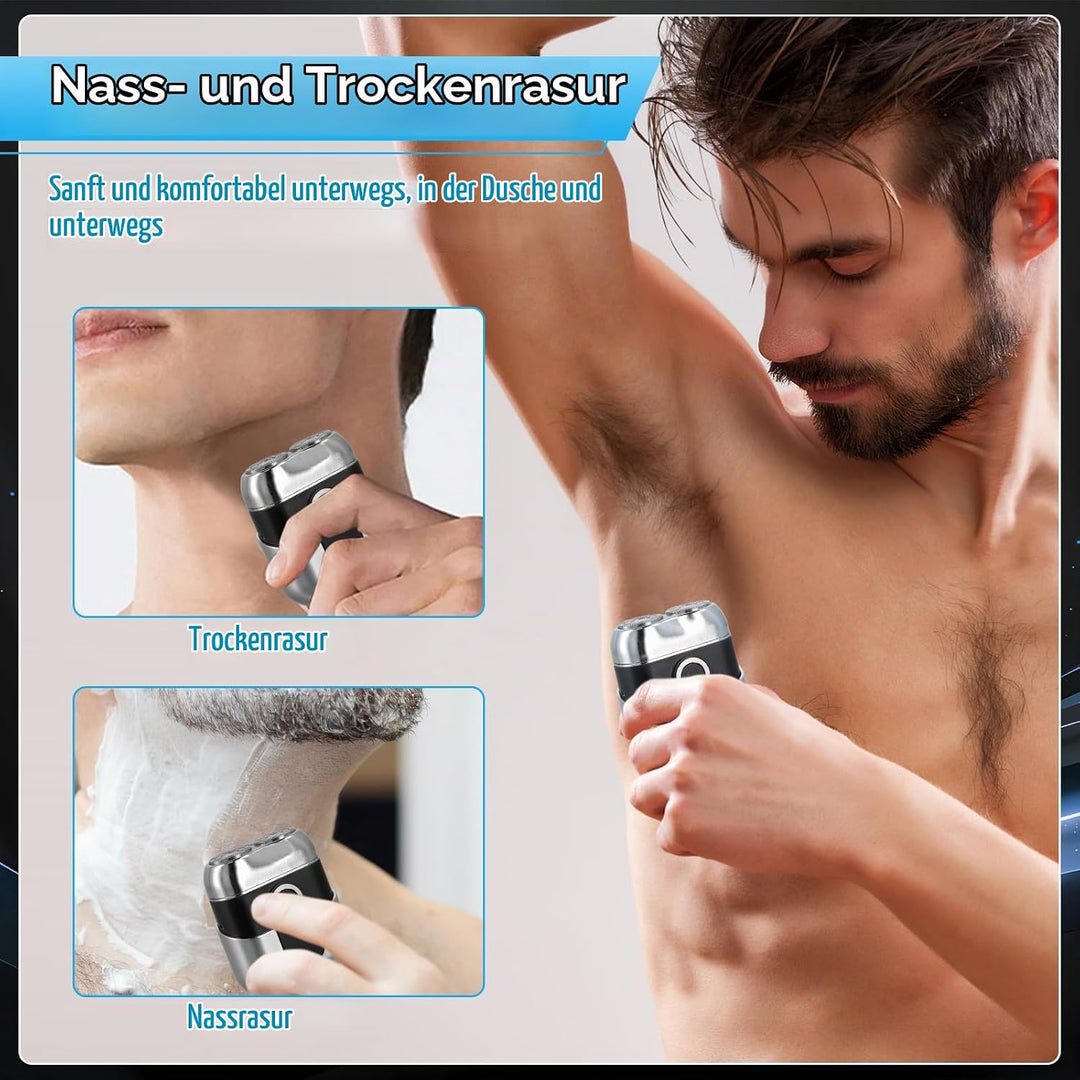 Mini Elektrischer Rasierer, IPX7 Wasserdicht Elektrischer Rasierer Herren, Kabellos Rotationsrasiere