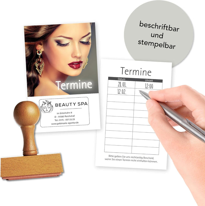 500 Kosmetikstudio-Friseur-Terminkarten HAIR & BEAUTY mit 5 Terminfeldern und Stempelfläche auf der