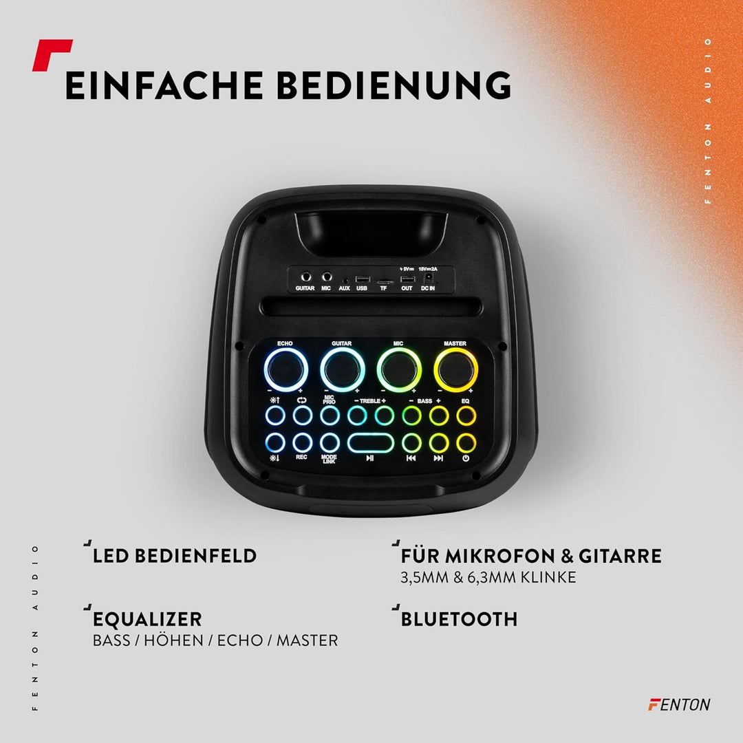 Fenton Core130 Musikbox Bluetooth Gross 180W, Akku 12 Std, Karaoke Mikrofon, BT 5.3, Fernbedienung,