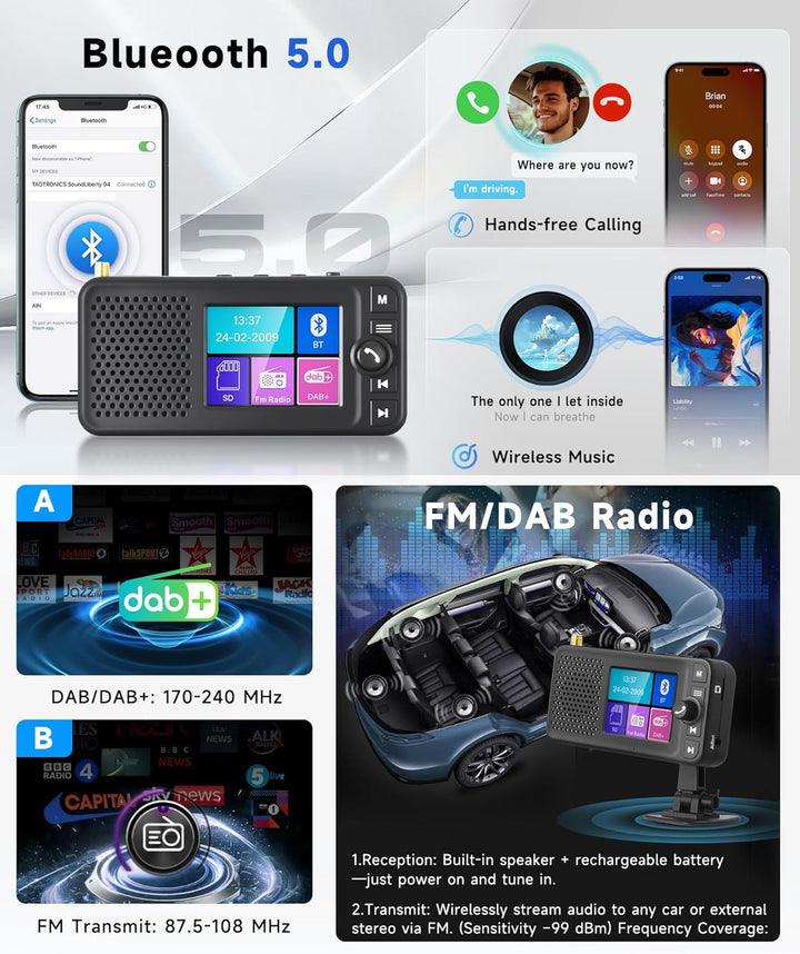 DAB+ Digitalradio mit Bluetooth und 1500mAh Wiederaufladbare Batterie, Tragbares Digitalradio mit 2,