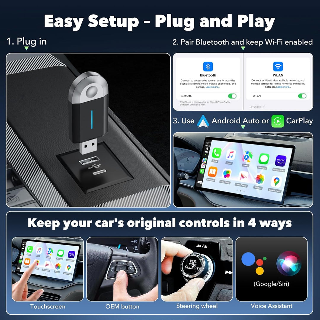 LAMTTO 2-in-1 Wireless CarPlay Adapter, Klein Carplay&Android Auto Wireless Adapter mit USB-C/A, Plu