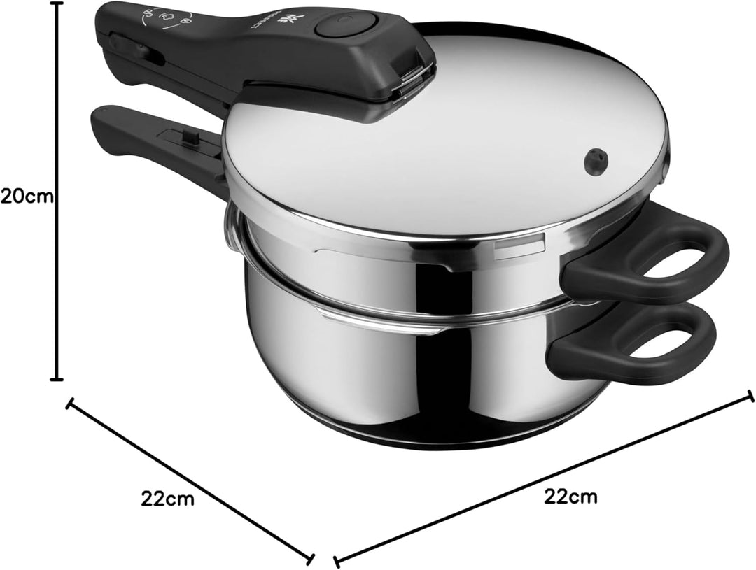 WMF Perfect Schnellkochtopf Set Induktion 3-teilig, Dampfkochtopf 4,5l + 3l mit Einsatz, grosses Koc