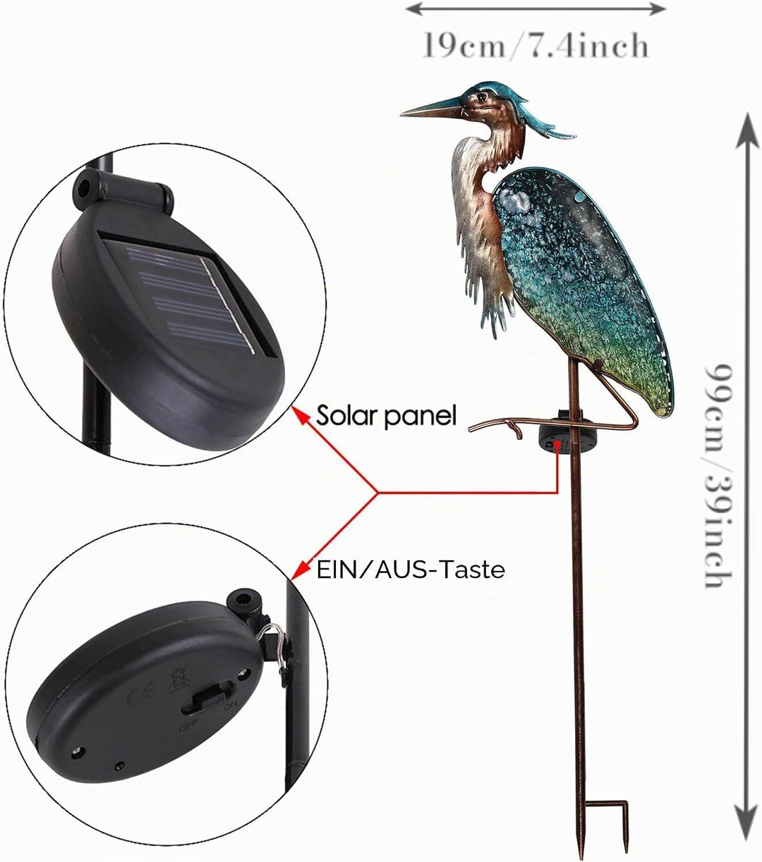 TERESA'S COLLECTIONS Solarlampen für Aussen,Gartendeko für Draussen Wetterfest,99cm Graureiher Solar