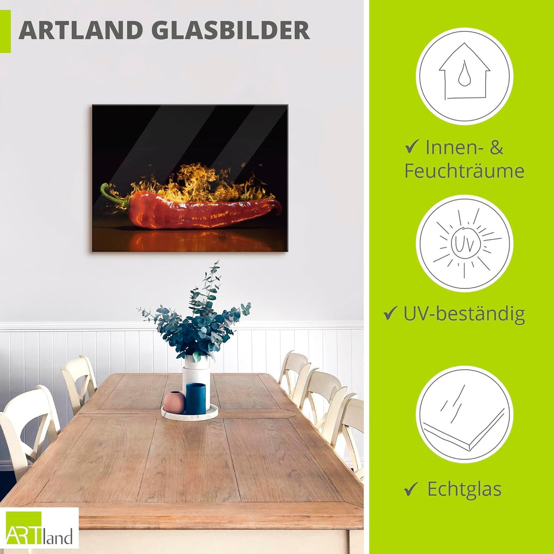 ARTland Glasbilder Wandbild Glas Bild einteilig 80x60 cm Querformat Essen Gewürze Chili Feuer Pepero