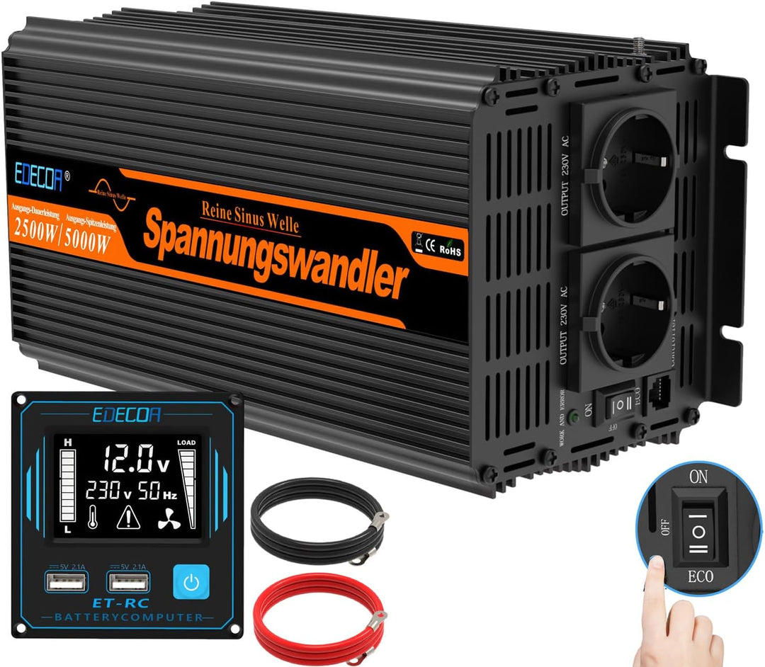 EDECOA Wechselrichter 2500w Reiner Sinus Spannungswandler 12v 230v LCD 2X USB und Fernbedienung wand