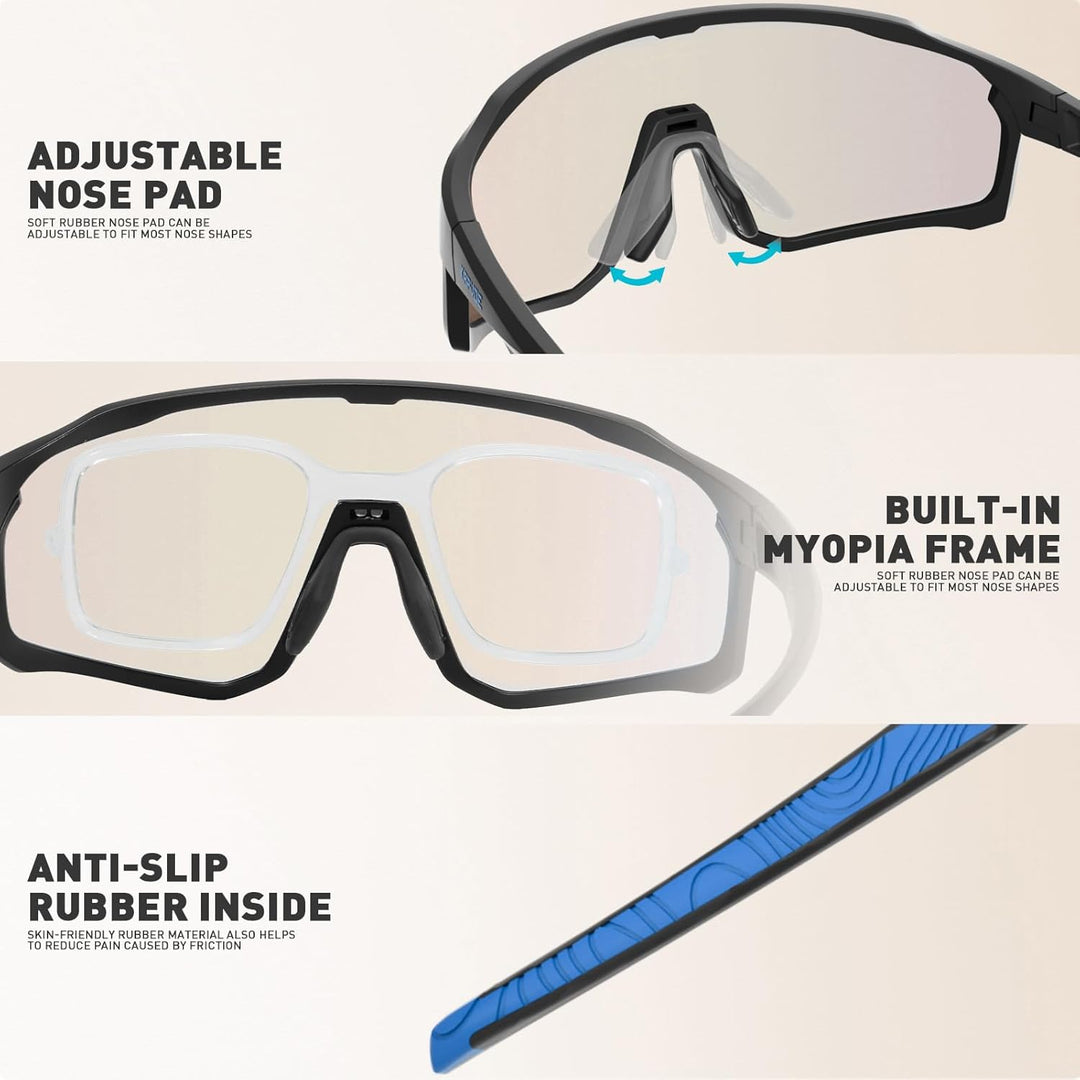 KAPVOE Fahrradbrille Selbsttönend Sportbrille Herren Damen Sonnenbrille Mountain Bike Brille MTB Kla