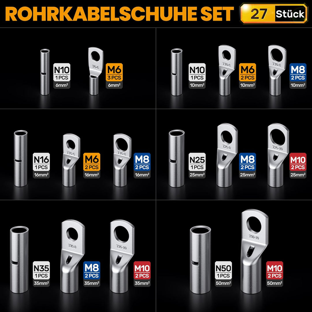 SOMELINE® Crimpzange Kabelschuhe Set, Rohrkabelschuh Zange 6-50mm², Ringkabelschuhe Verzinnte Bolzen